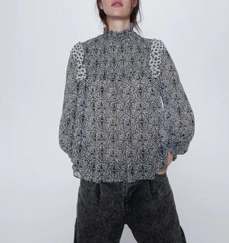 

2020 Spring Summer Korean Fashion Elegant Print Ruffles Stand Collar Long Sleeve Shirt Butterfly Sleeve Womens Tops and Blouses