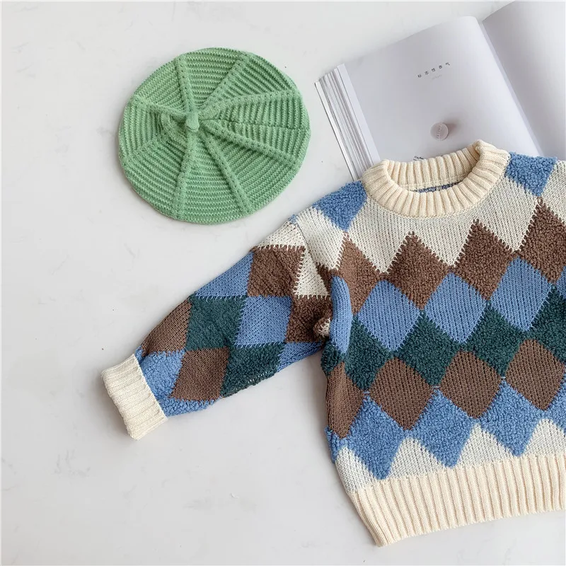 Children's round neck color matching sweater autumn and winter new girls baby pullover sweater