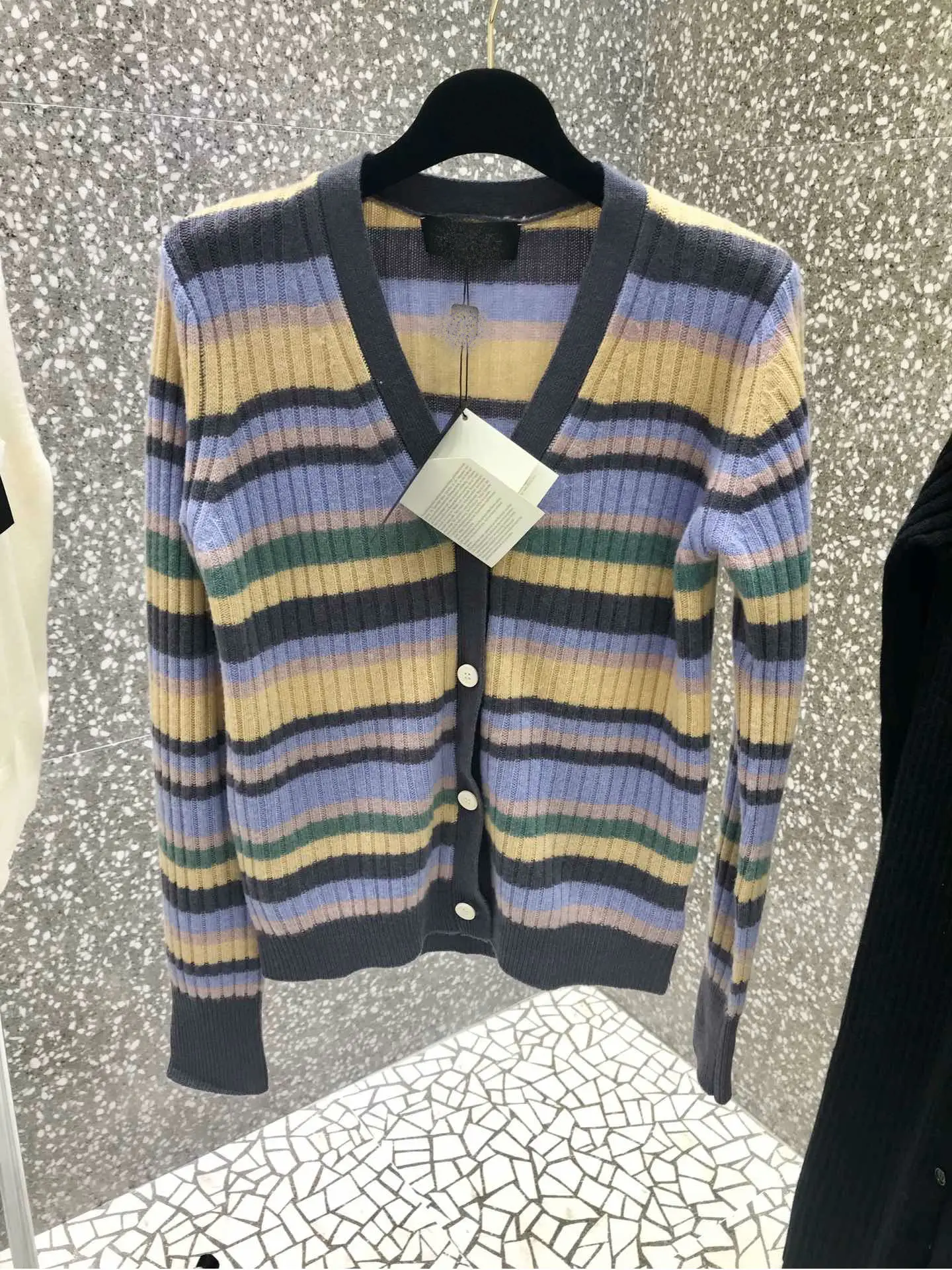 

2019 New Lavender Purple Striped Soft Cashmere Cardigan Sweater Women Free Shipping Worldwide