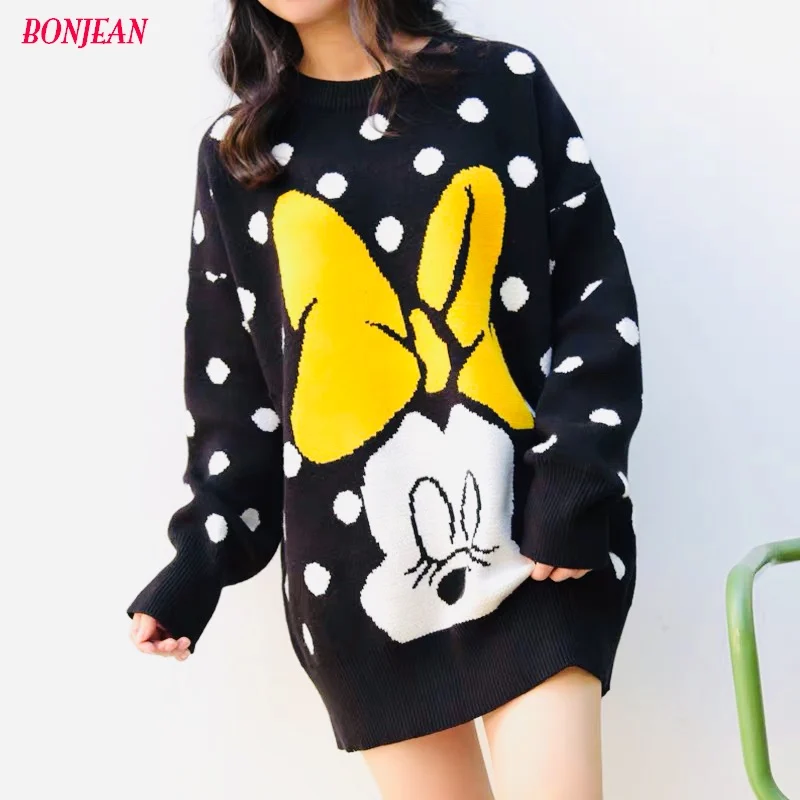 

2019 Cute Cartoon Christmas Jumpers Mickey Sweater Women Long Sleeve Black Sweater Korean Loose Harajuku Kwaii Knit Pullovers