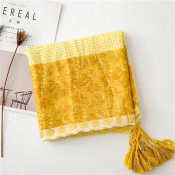 

2020 шарф женский foulard femme WOMEN spring Japanese style long yellow tassels scarf Wraps and Shawls Hijab Muffler