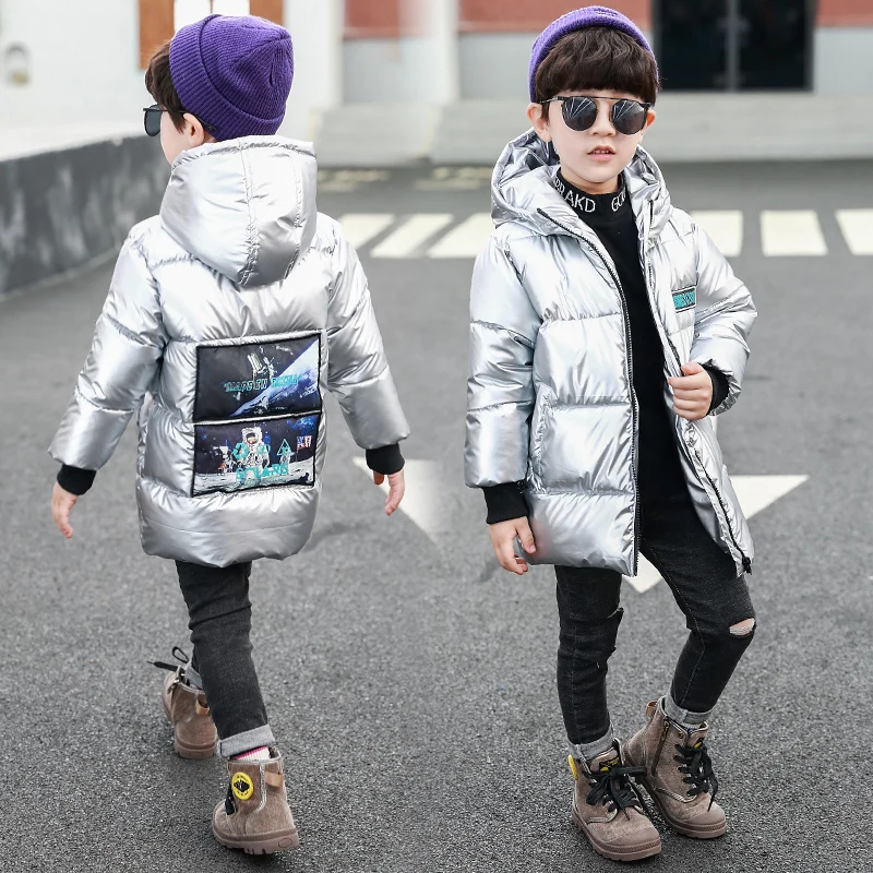 Пальто для мальчиков детская зимняя куртка-пуховик серебристого цвета для девочек детская утепленная одежда с капюшоном, парка пальто, зимний комбинезон - Цвет: Серебристый