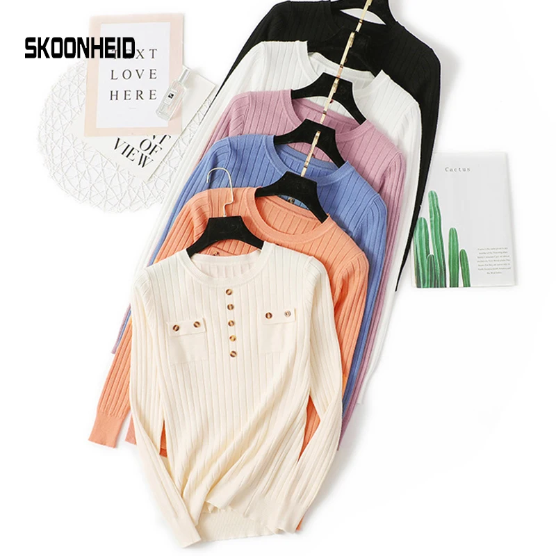 

SINGRAIN Women knitted Pullovers long sleeves basic multicolor knitwear tops causal femme button knitting Warm Sweater