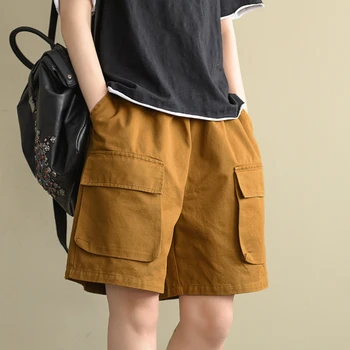 

Women Shorts Hot 100% Cotton Pockets Big Loose Solid Color Retro Vintage Fashion Casual for Spring Summer AZ24511515