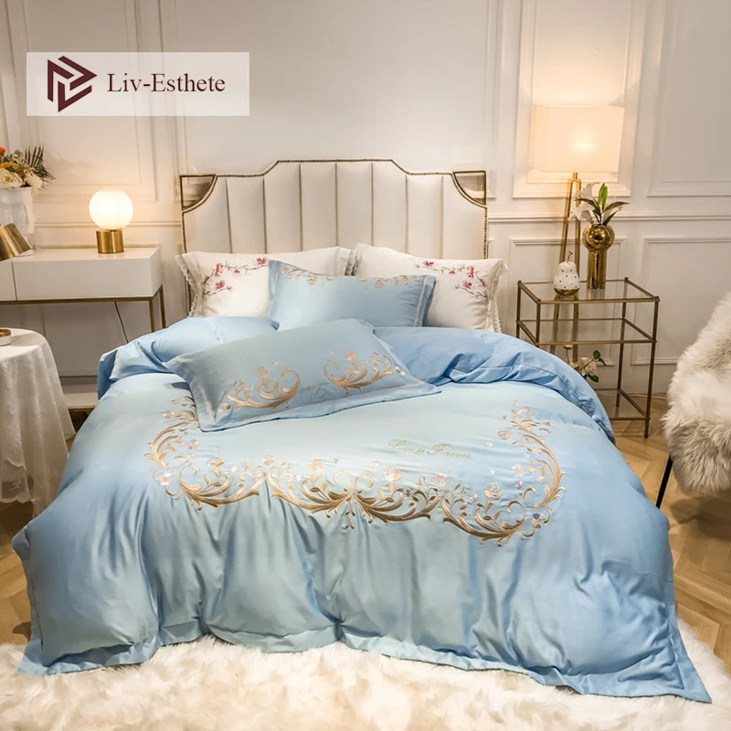 Liv-Esthete Роскошный 100% A Шелковый B хлопковый Европейский комплект голубого