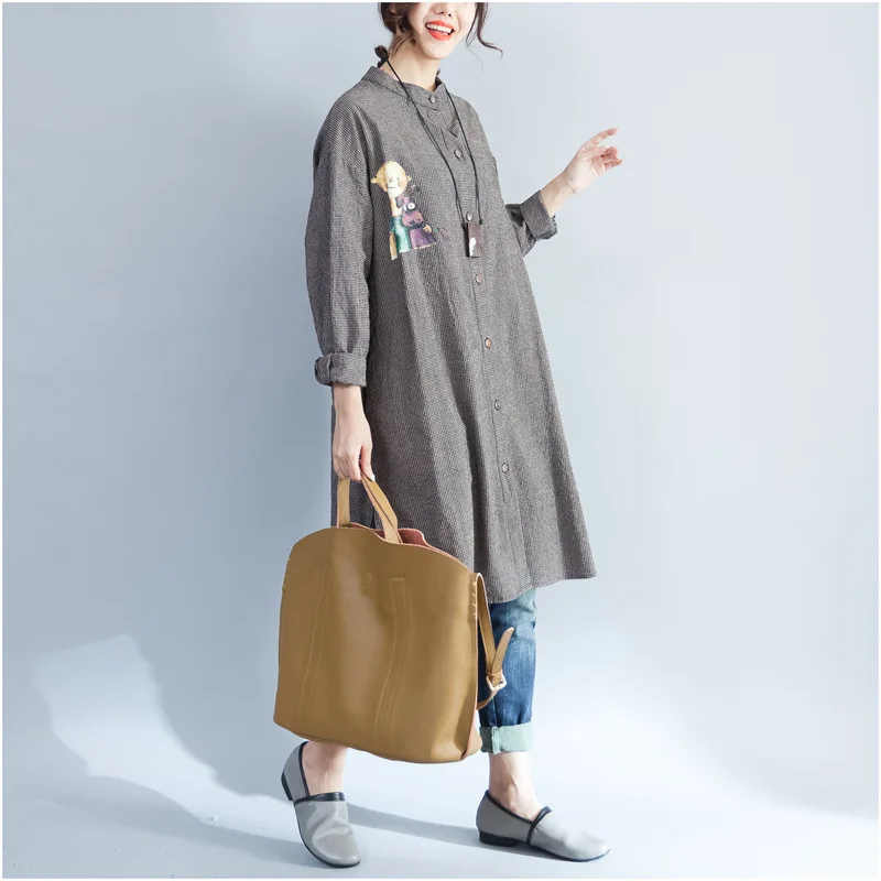 Autumn Women Korea Style Oversized Long Sleeve Stand Collar Plaid Vintage Cartoon Print Single Breasted Coat Cotton Linen Trench