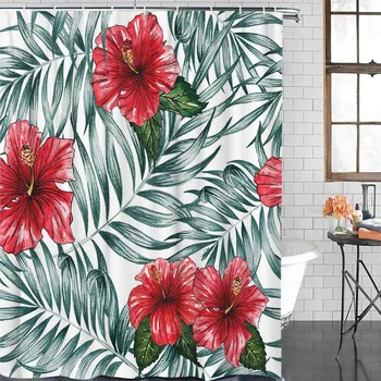 

Red Hibiscus Flower Green Plant Leaves Bathroom Shower Curtain Modern Household Shower Curtain