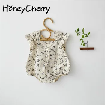 

Summer baby girl bodysuit Infant Floral small square collar fly sleeve bodysuit climb clothing little girls clothing