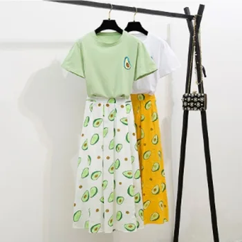 

Fresh Women Top Skirts Sets Avocado Print Green T-shirt Tops 2 pcs Skirt Set Casual Summer Outfits Match 2019 for dropshipping