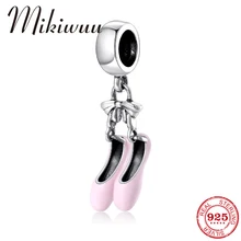 Женские бальные туфли из стерлингового серебра 925 пробы с эмалью розового цвета, изящная подвеска с бантом, ювелирный браслет из бисера, браслет Pandora