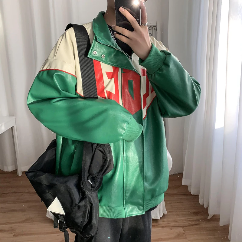 60% OFF Leather Jacket Men's Fashion Print Contrast Casual Loose Motorcycle Jacket Mens Streetwear Wild Loose Hip Hop Bomber Jacket Men