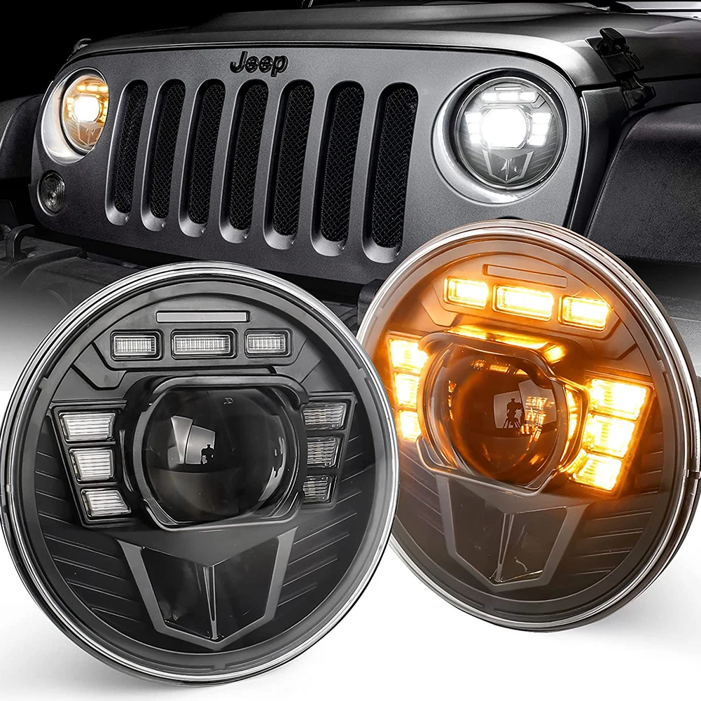 

Die-cast Aluminum Alloy Shell 7" Headlights with Amber Turn Signal Lights White DRL Hi/Lo Beam for Jeep Wrangler JK TJ LJ CJ