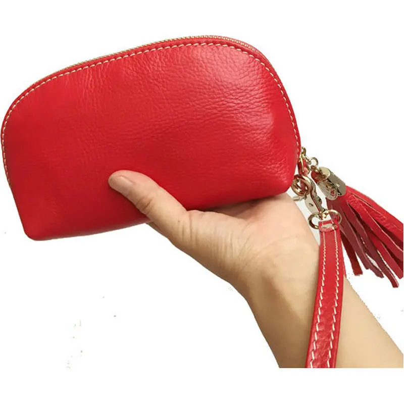 

Genuine Leather Red Wristlet Women's Fashion Clutch Retro Coin Purse Phone Pouch Tassel Wrist Bag Custom Logo Monogram Gift
