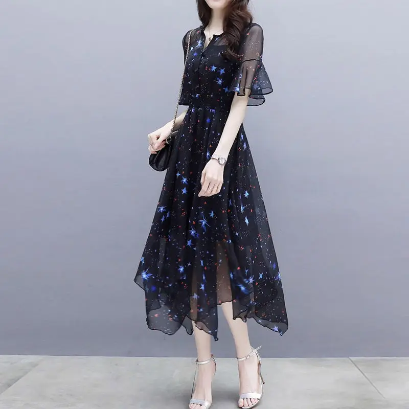 

Night Starry Chiffon Woman Dress 2020 Summer Slim Mid-length Flare Sleeve Irregular Temperament Printed Chiffon Dress for Women