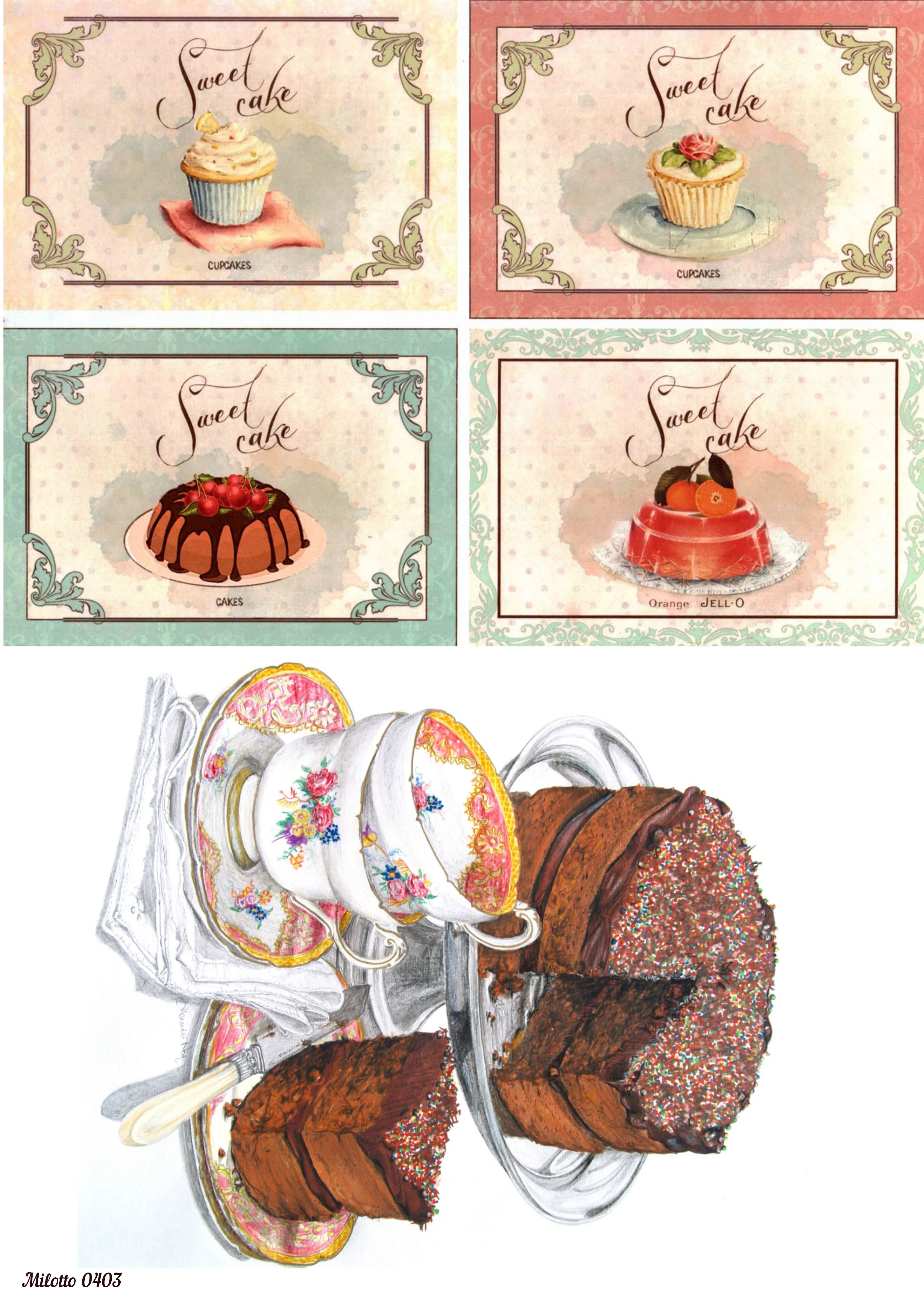 Rice paper for decoupage A4 Ultra-thin napkin 0403 sweets muffin cakes Vintage Kraft DIY milotto | Дом и сад