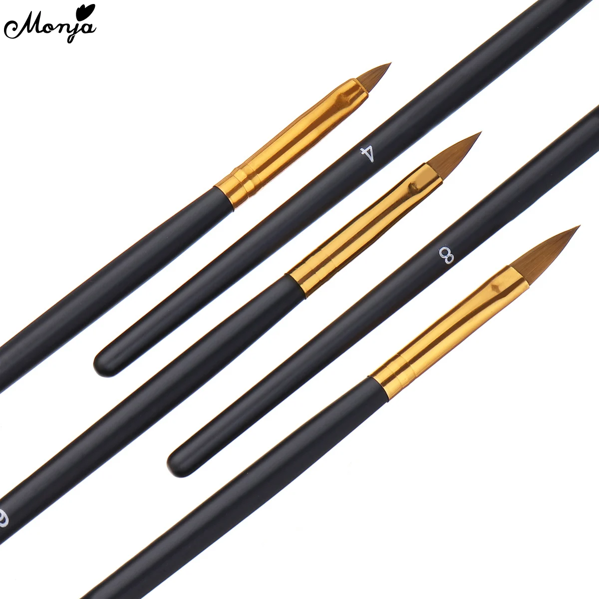 Monja 5Pcs/Set Nail Art Acrylic Liquid Powder Carving Painting Brush Black Wooden Handle UV Gel Extension Builder Drawing Pen