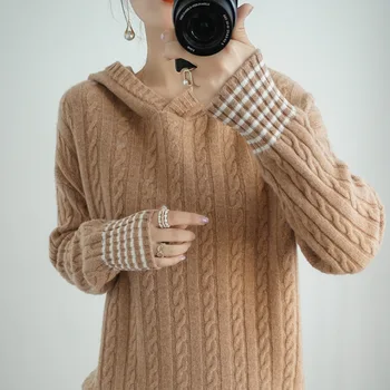 

2020 New Women's Hoodie Short Loose 100%Pure Wool Sweater Coat Casual Pullover Knitted Overcoat