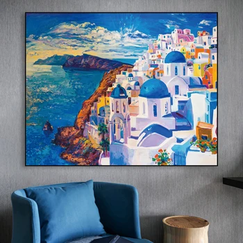 

Abstract Greek Blue Santorini Canvas Painting Aegean Scenery Poster Nursery Wall Art Picture Bedroom Decor Kid Room Decoration