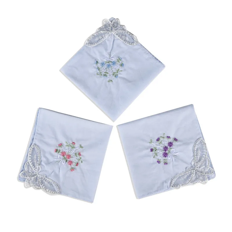 Description Picture 6 of item3Pcs 28x28cm Cotton Flower Embroidered Lace Hankie Towel Lady Handkerchiefs Women Washable Pocket Random Color