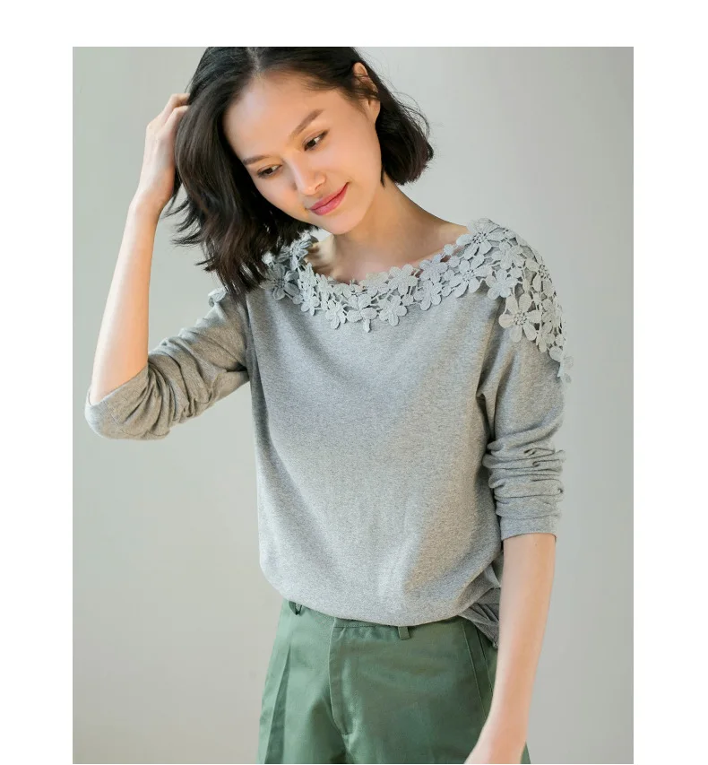 Plus Size M-4XL Female T-shirt Long Sleeve Lace Winter T-shirts For Women Slashneck Side Pleated Cotton Casual Top Tee Camisetas