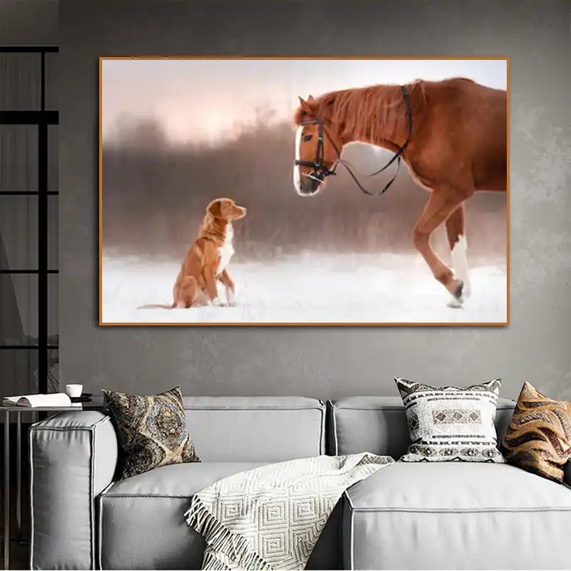 arte confiable lindo perro y caballo animal dibujos impresos lienzo pintura de pared para sala de estar cuadros decorativos para habitacion decoracion