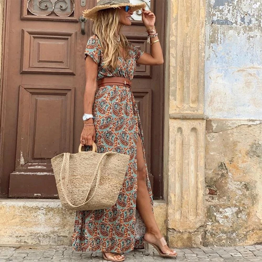 2021 Summer V-neck Short Sleeve Boho Maxi Dress Women Retro Floral Print High Waist Beach Ladies Chiffon Long Dresses with Belt