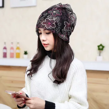 

Women Winter Hat Silk Embroidery Flowers Chemo Bandana Lady Warm Beanie Turban Head Wrap Lace Hat Warm Caps Bonnet Cap Gorro