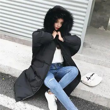 

Women 2019 Winter Faux Fur Collar Jacket Long Parka Coat Female Thick Warm Casual Hooded Down Outwear Cotton Padded Parkas T23