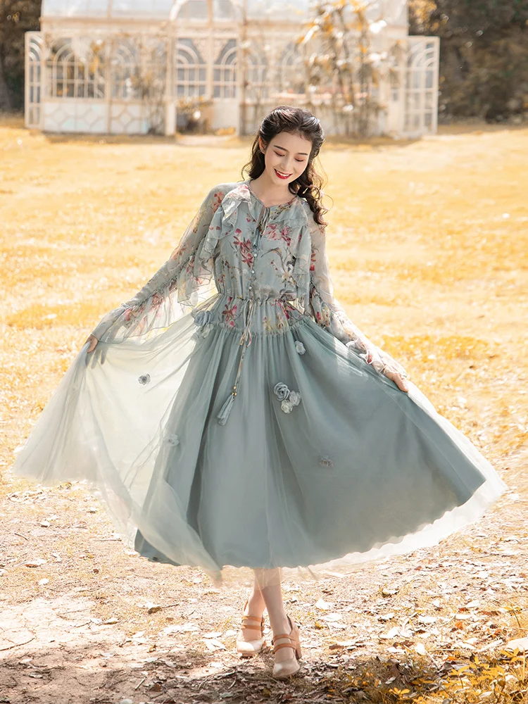 

Free Shipping Boshow 2019 New Bohemian Mesh Long Mid-calf Long Sleeve Spring Autum Ruffles Chiffon Big Hem Flower Print Dresses