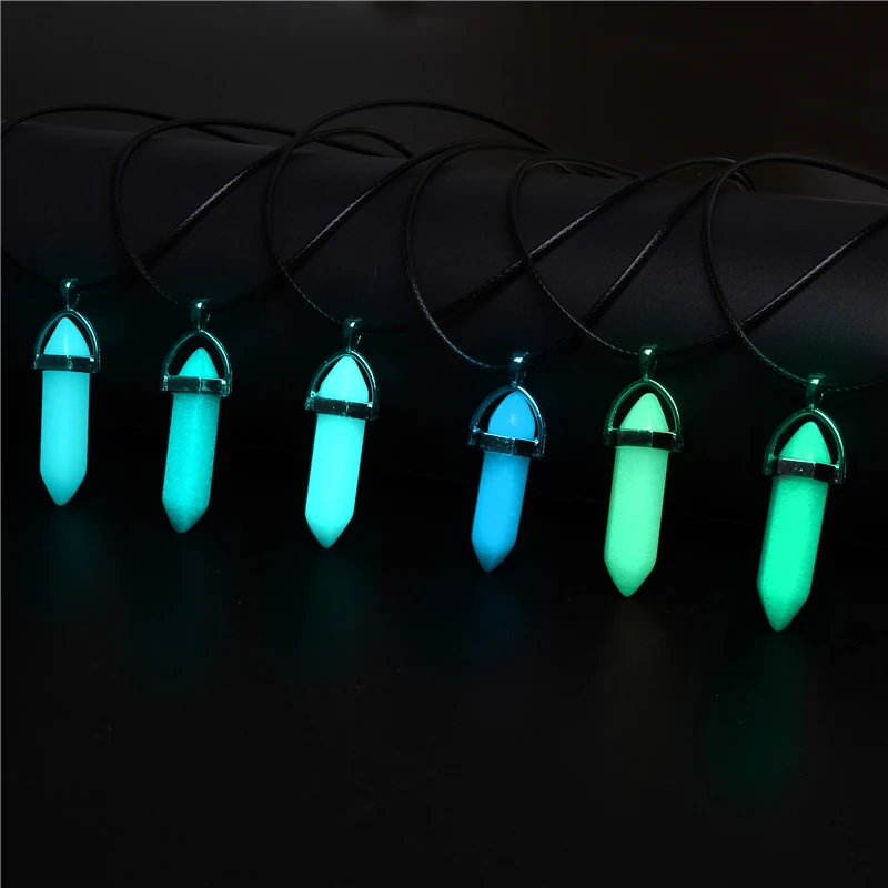 Luminous Stone Necklace Hexagonal Column Pendant Necklace Men Women Natural Chalcedony Bullet Choker Glow in Dark Jewelry Gift