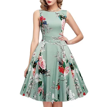 

Vintage Flower Dress Women Sleeveless Party Dress 50s 60s Elegant Rockabilly Sexy Pin Up Dress With Belt Plus Size Office Dress