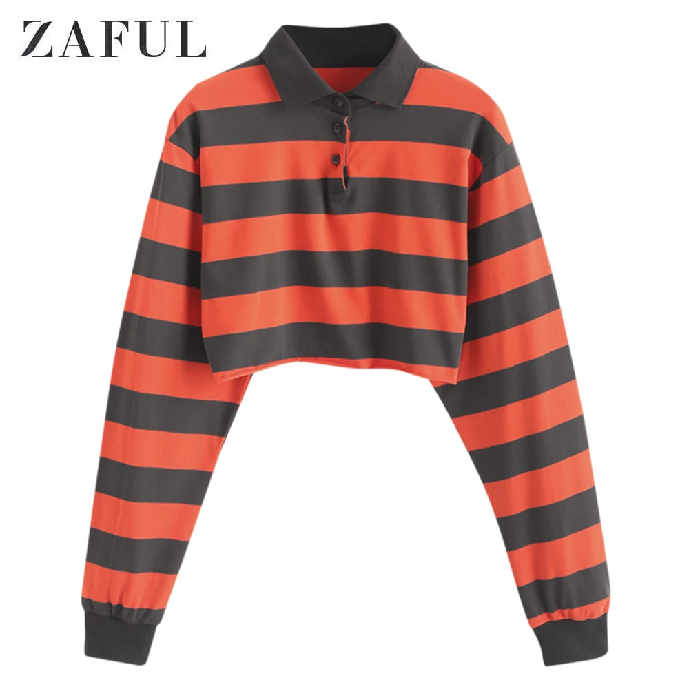 

ZAFUL Contrast Striped Rainbow Half Button Crop Sweatshirt Short Polo Shirt Long Sleeve Women Shirts Autumn Pullovers Top Female