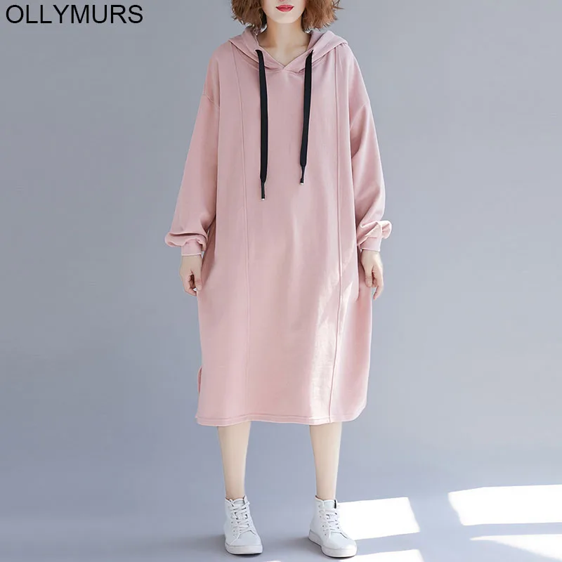 

2019 Autumn New Long Sleeve Pink Cotton Pullovers Hoodeis Sweatshirts Plus Size 5XL Long Hooded Dress Women Hoodie Sweatshirt