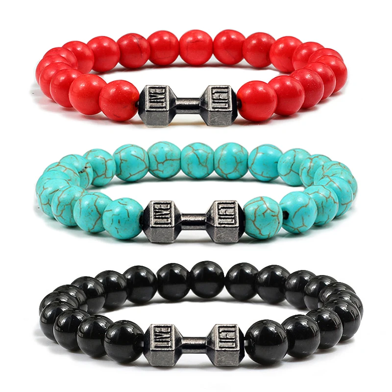 Classic Natural Stone Beaded Bracelet Gym Fitness Dumbbell Energy Men