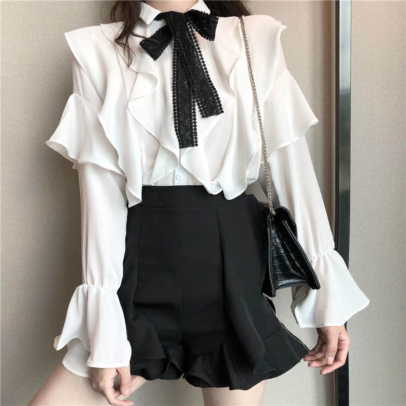 ruffle bow tie blouse