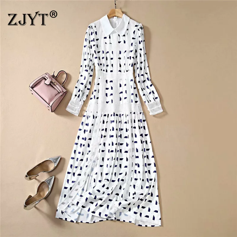 

Designer Runway Dress 2020 Spring Woman Clothes Elegant Long Sleeve Geometric Print Hollow Patchwork Midi Party Holiday Dress