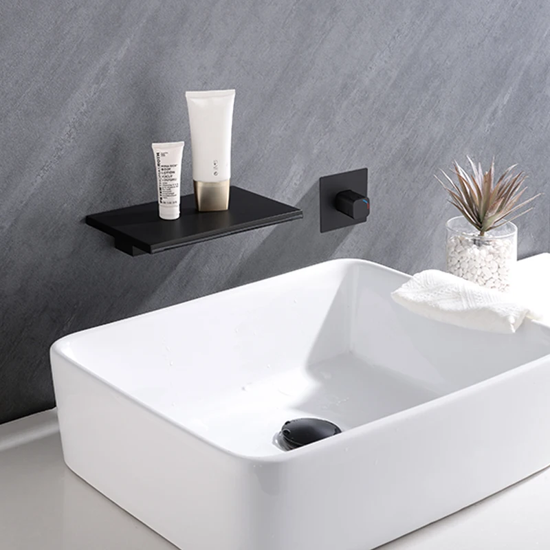 

Настенный смеситель для ванной комнаты, набор черных смесителей для раковины, латунный Смеситель для ванны, кран «Водопад» с полкой, 230x130 мм, черный, золотистый