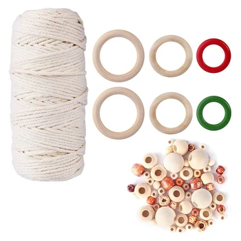 

Hot XD-63 Pcs m 109 Yards Kit with Natural Cotton Rope Wood Beads Wood Ring for Crafts DIY Plant Hangers