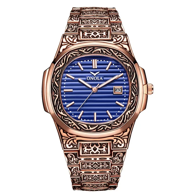Мужские кварцевые часы, стальные Водонепроницаемые Ретро часы с гравировкой, браслет на ремешке с застежкой-бабочкой, мужские деловые часы, мужские часы - Цвет: Rose gold blue