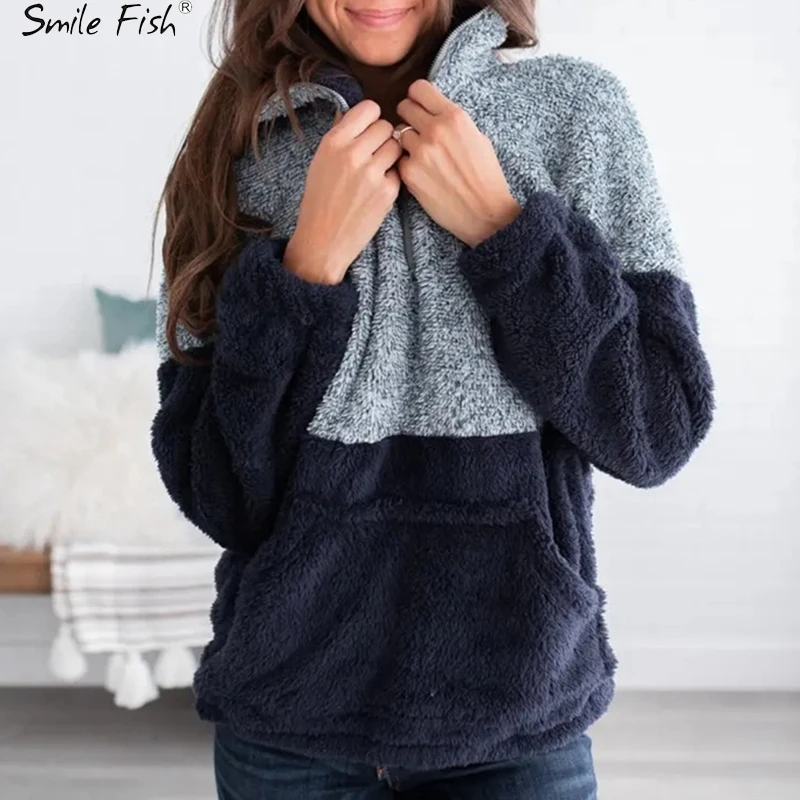 

Autumn Winter Warm Pullovers Woolen Long Sleeve Patchwork Streetwear Hoodies Apricot Zipper Turn Down Collar 2019 Women GV795