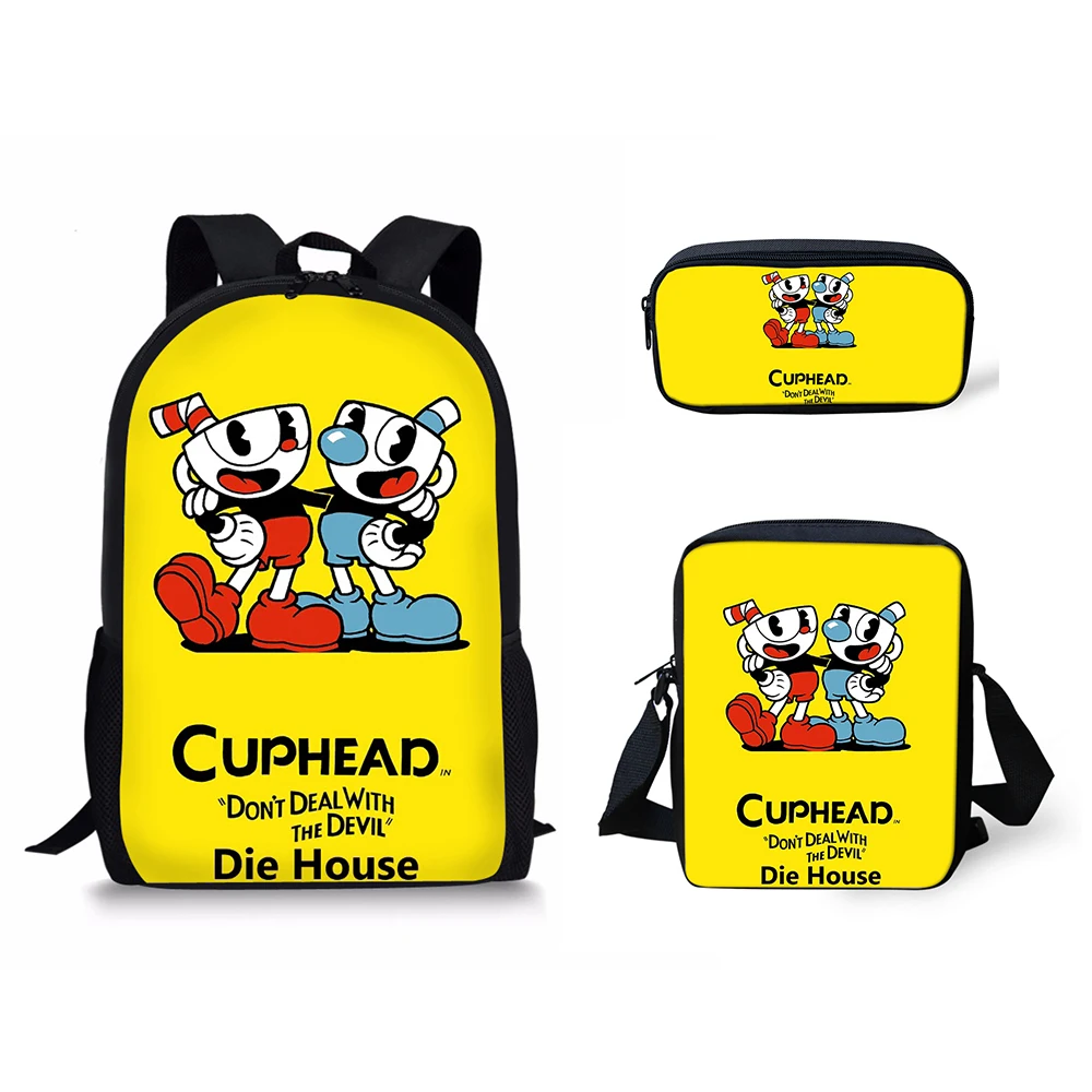 

HaoYun Fashion 3PCs/Set Children's Backpack Hot Game Cuphead Muhman Pattern Students Book Bags Anime Teenagers Travel Backpack