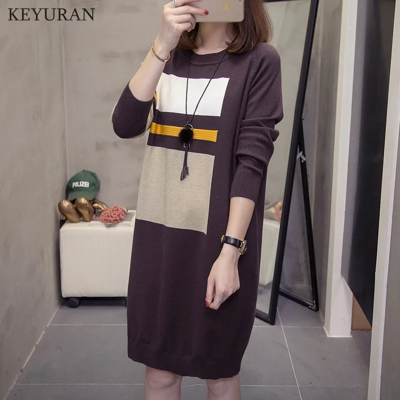

2019 Autumn Winter New Knitted Cotton Women Loose Pullover Sweater Dresses Female Patchwork Oversize Knitwear Plus Size 4XL 3764