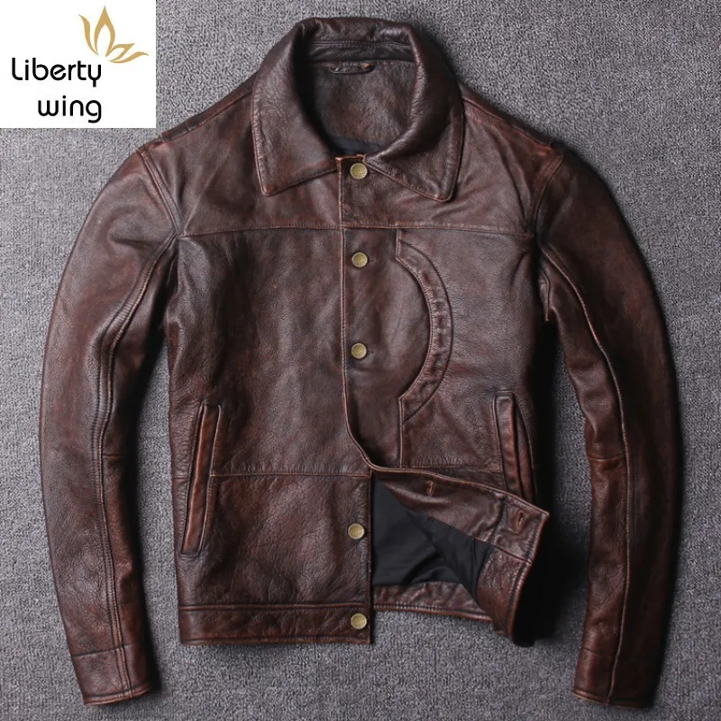 

New Autumn Vintage Solid Genuine Mens High Quality Single Breasted Turn-Down Collar Cowhide Real Leather Jacket