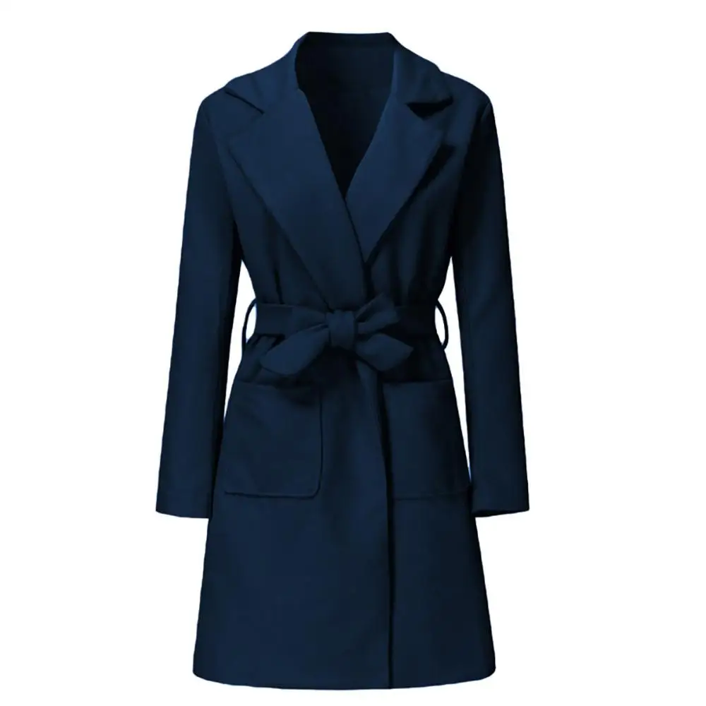 Женские модные куртки с длинным рукавом, однотонное повседневное свободное пальто с поясом, зимнее пальто casaco feminino - Цвет: Тёмно-синий