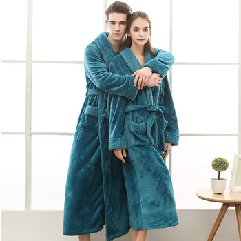 

Winter Warm Lovers Robe Sleepwear Casual Long Kimono Gown Coral Fleece Nightwear Thicken Bathrobe Gown Couple Home Clothing