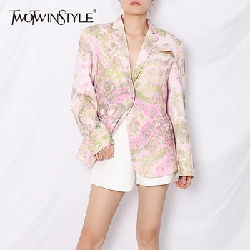 

TWOTWINSTYLE Elegant Printed Blazer For Women Notched Long Sleeve Casual Hit Color Vintage Coat Female 2020 Fall Fashion New