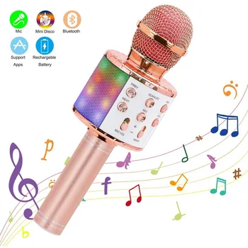 

Wireless Karaoke Microphone Bluetooth Handheld Portable Speaker Home KTV Player with Dancing LED Lights Record Function for Kids