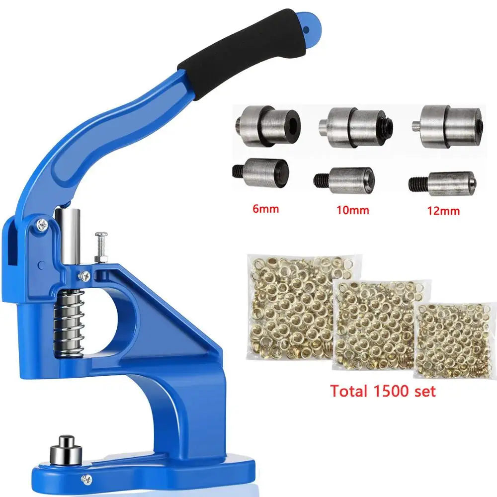 and 3 Dies for Bag/Belt/Shoes Hand Press Grommet Machine,Heavy Duty Eyelet Grommet Machine,Hole Punch Tool Kit with 1500 Grommets 6/10/12mm 0/2/4 