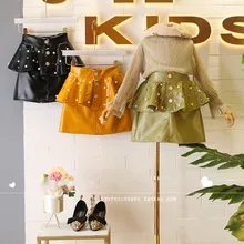 Детская одежда осенне-зимняя одежда новая Корейская зеленая юбка из искусственной кожи с авокадо для девочек плиссированная юбка