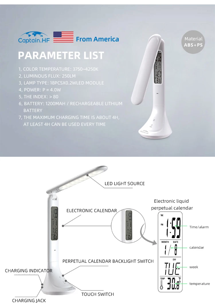 Captain HF Fordable LED настольный светильник, настольная лампа, настольная лампа с ЖК-дисплеем, часы с календарем, термометром Настольная светодиодная лампа